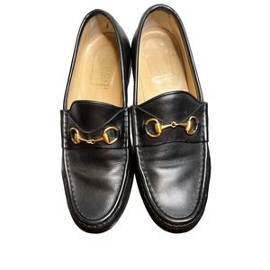 Gucci Black Gold Horsebit Leather Slip On Flat Loafers Womens Size 8.5 B Classic